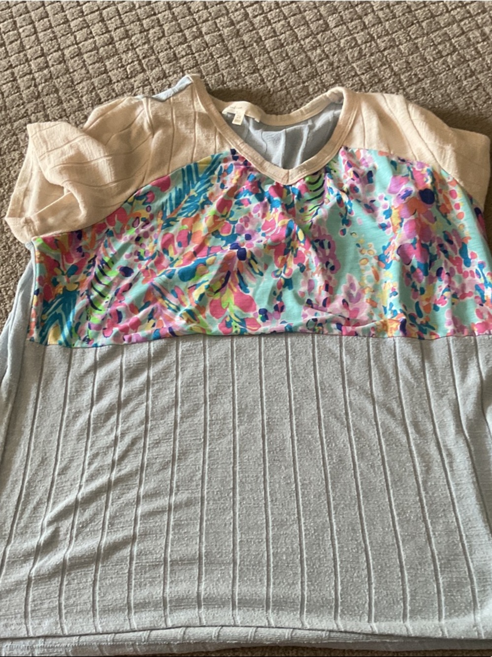 Women’s Floral Colorblock Knit Blouse - Pink/Blue